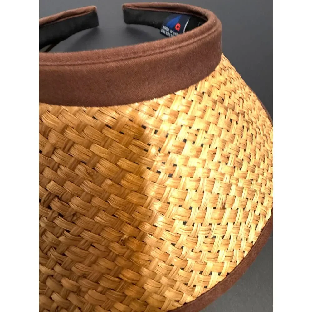 Woven Straw Sun Visor Hat Brown Trim Beach Resort Vacation Golf Tennis One size